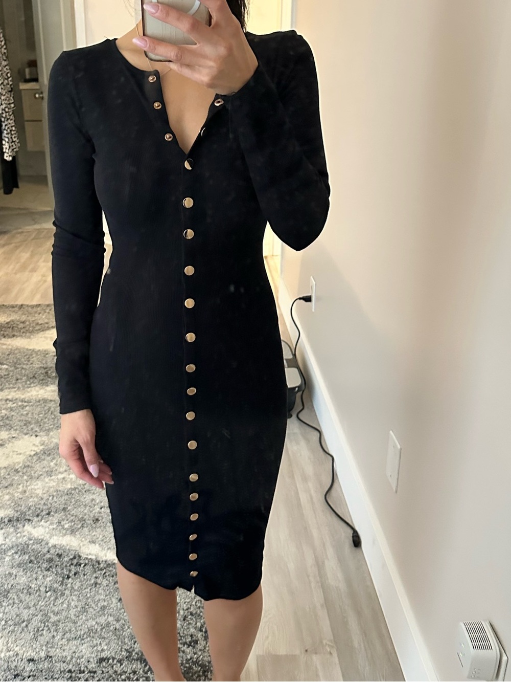 Heart Hips Black Long Sleeve Button-Front Bodycon Dress